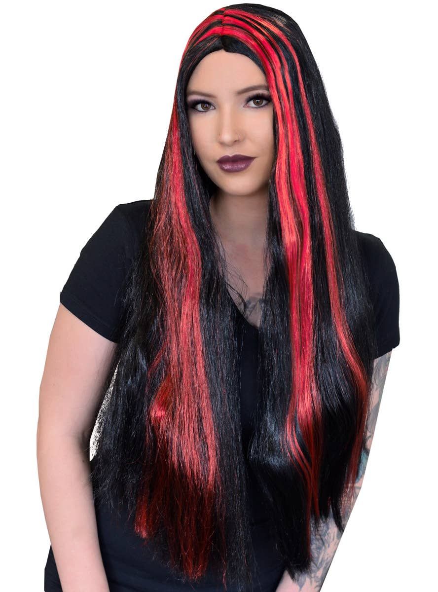 Streaked Black and Red Womens Halloween Costume Wig - Image 1