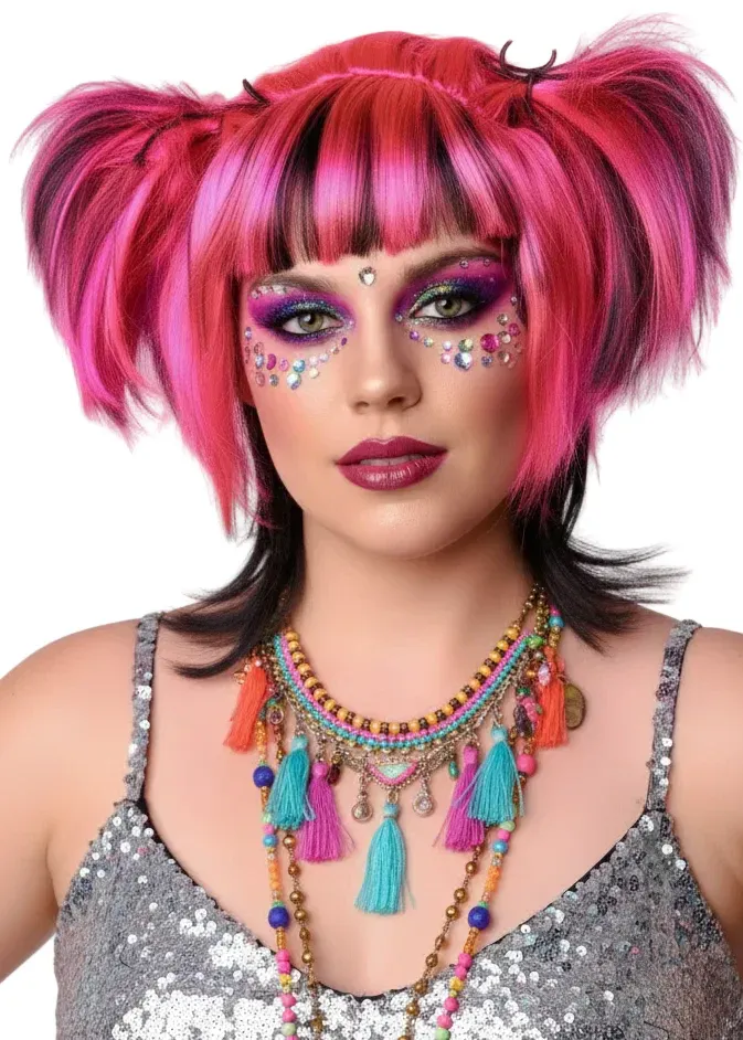Messy Pigtails Pink and Black Womens Halloween Wig - Image 1