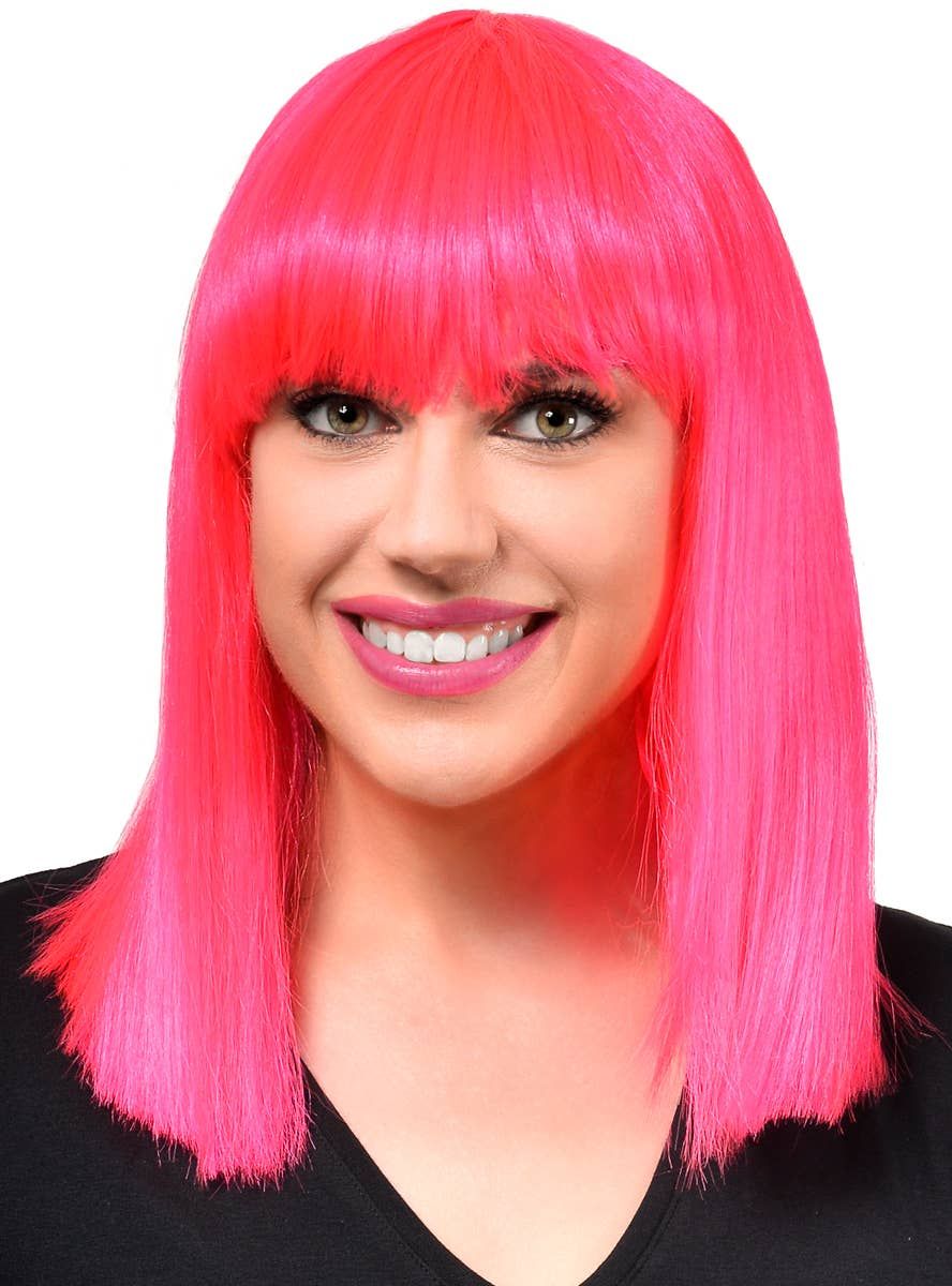 Mid Length Hot Pink Womens Bob Wig with Fringe - Image 1