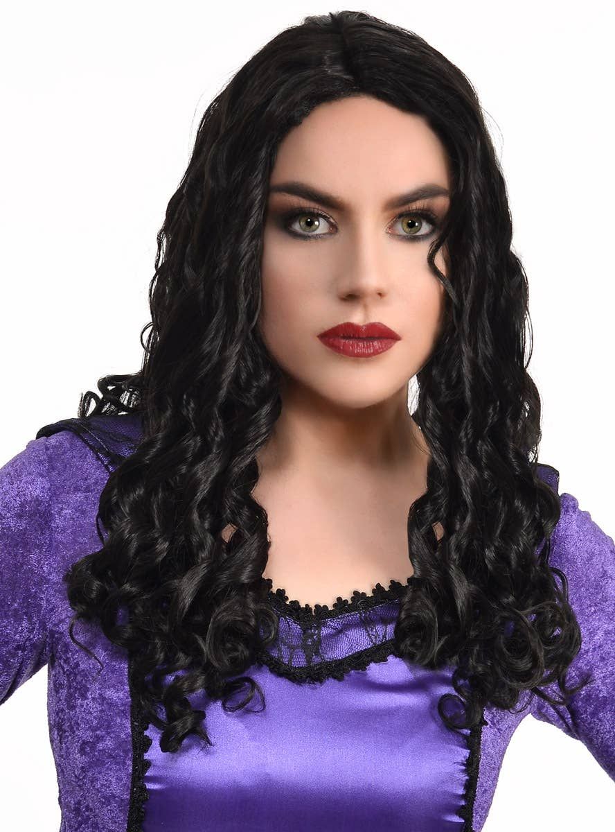 Long Black Ringlet Curls Womens Halloween Costume Wig - Image 1