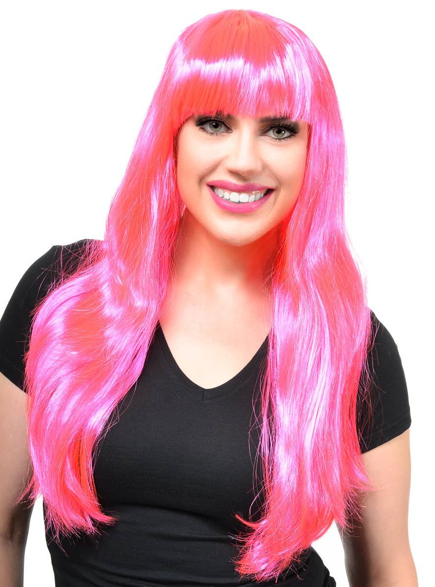 Long Hot Pink Womens Costume Wig with Fringe - Image 1