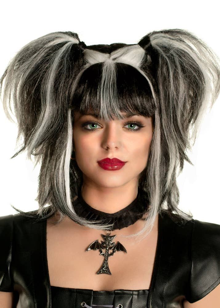 Messy Pigtails Black and White Womens Halloween Wig - Image 1