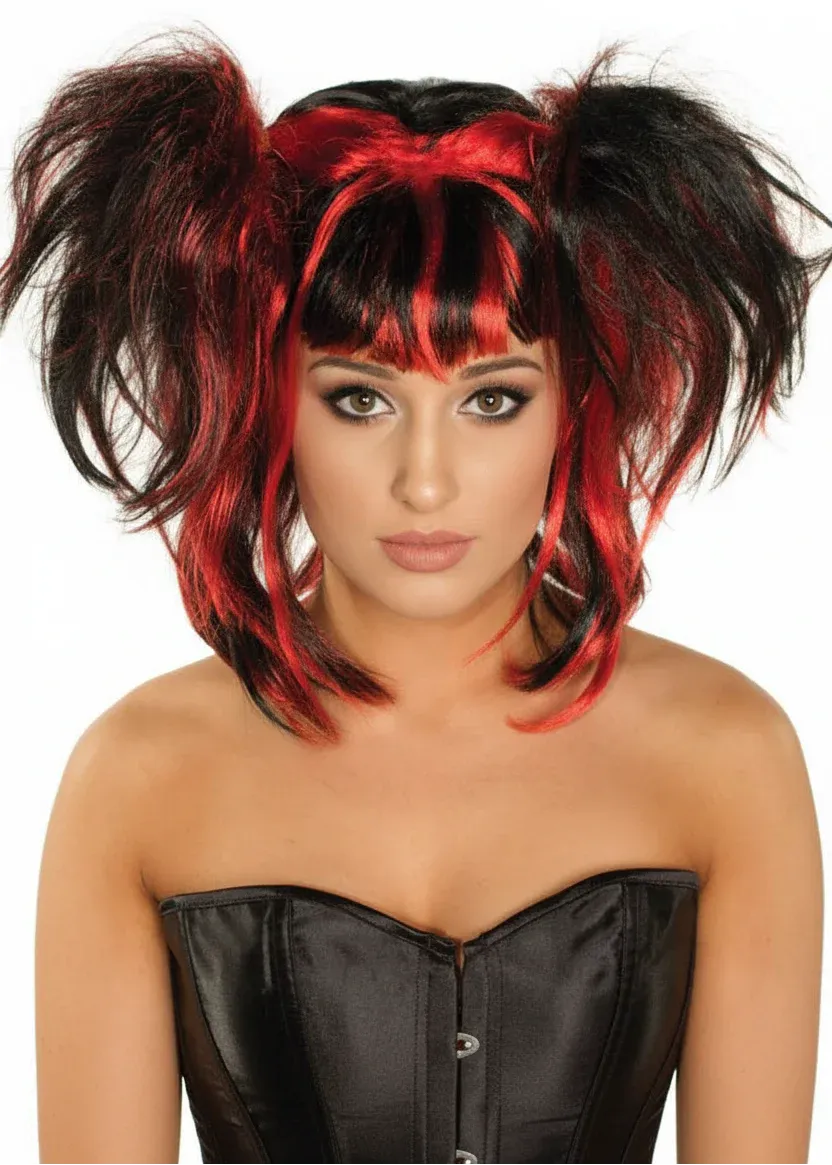 Messy Black and Red Pigtails Womens Halloween Wig - Image 1
