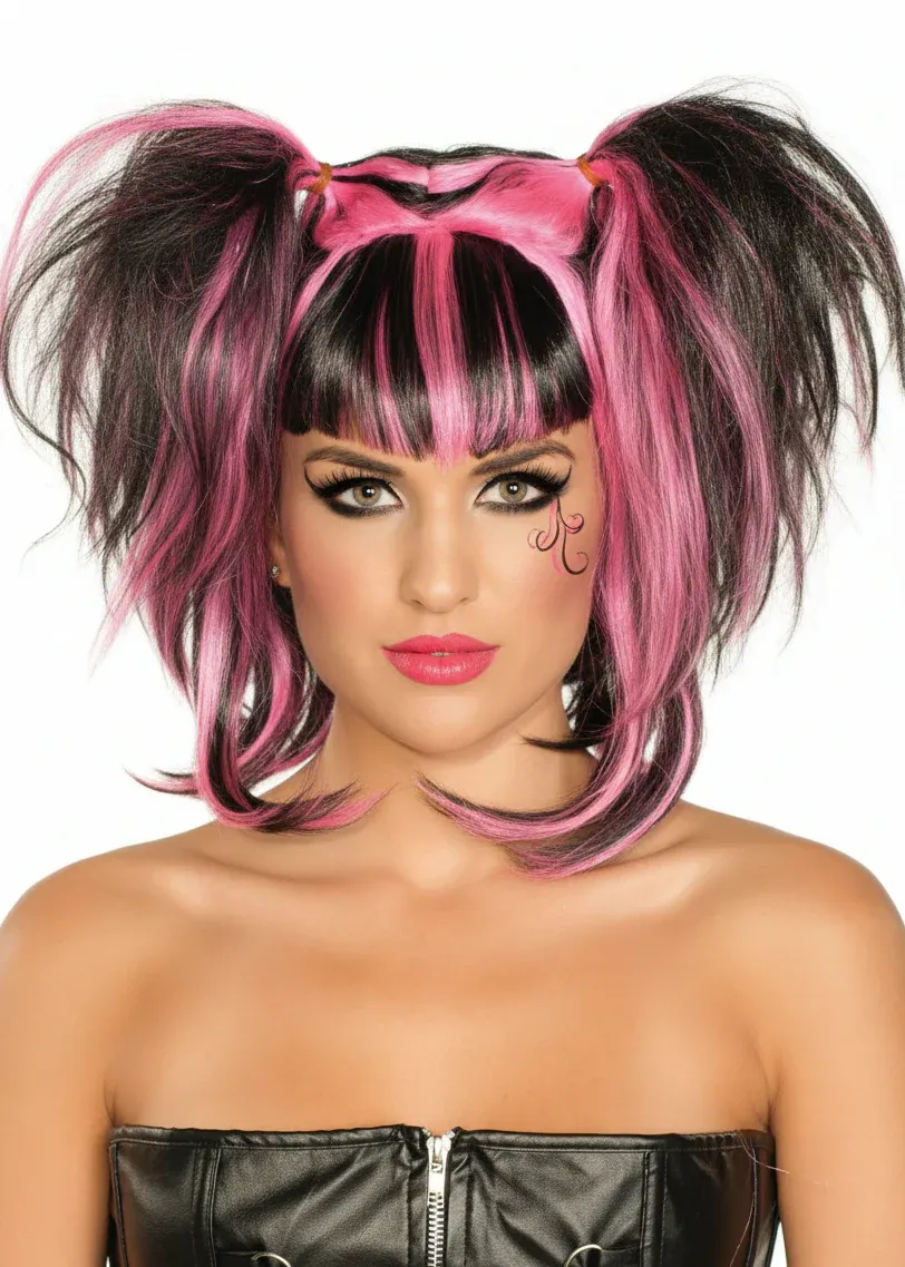 Messy Black and Pink Pigtails Womens Halloween Wig - Image 1