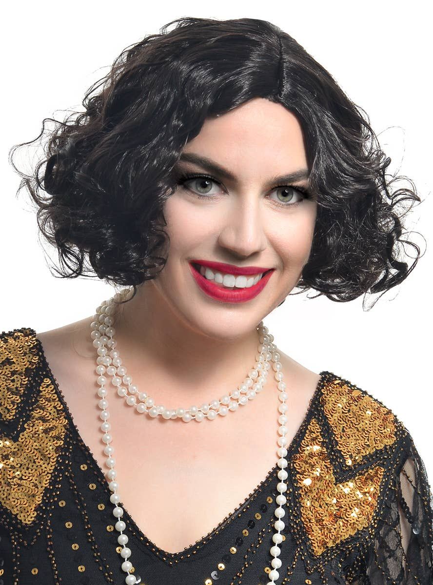 Short Curly Black 1920s Flapper Womens Costume Wig - Image 1