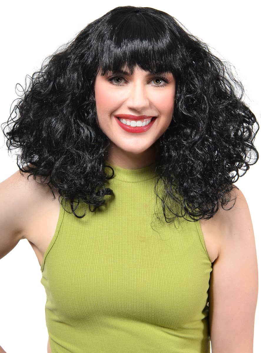 Disco Star Womens Curly Black 70s Costume Wig - Image 1