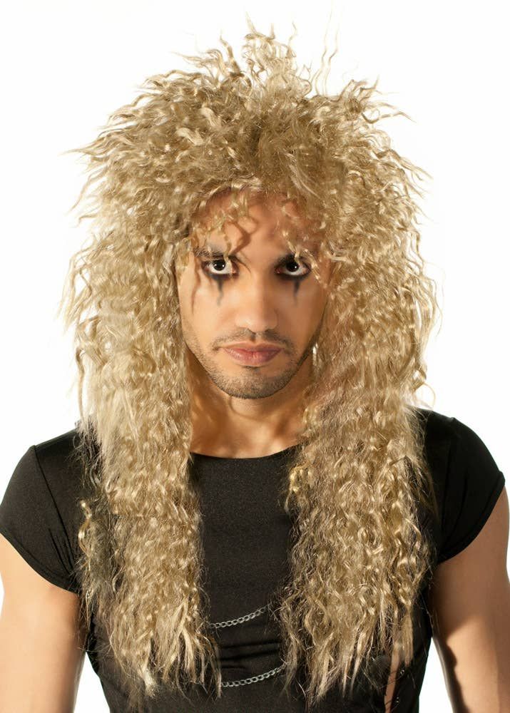 Long 1980s Crimped Blonde Rocker Mens Costume Wig - Image 1