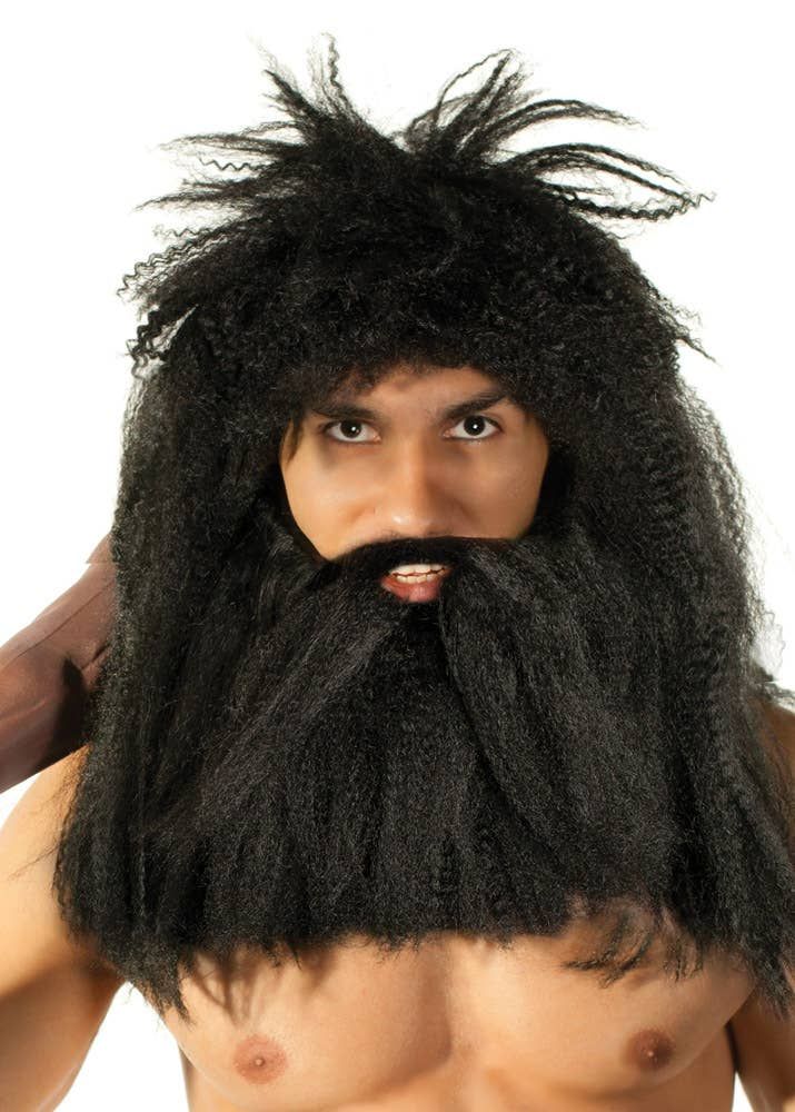 Prehistoric Caveman Mens Black Wig and Beard Set - Image 1
