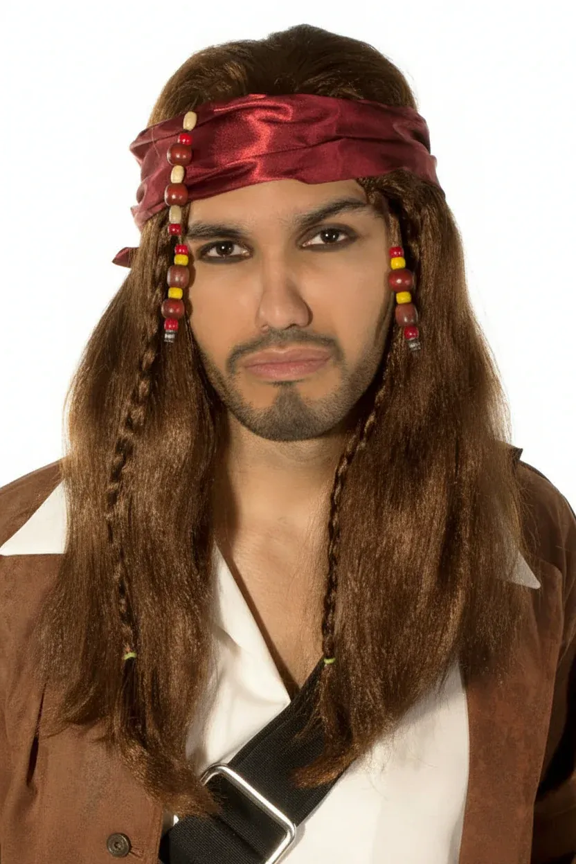Caribbean Pirate Mens Long Brown Wig and Head Scarf - Image 1