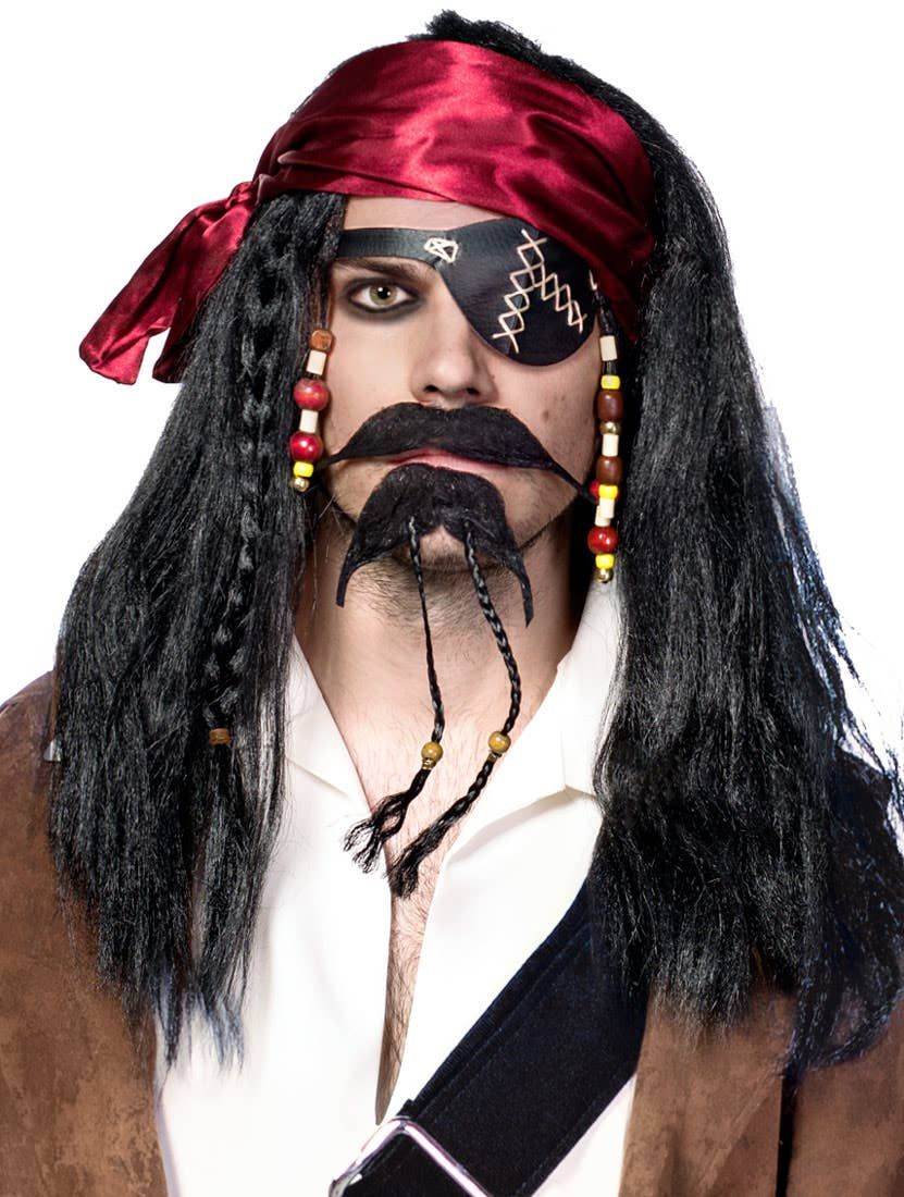 Caribbean Pirate Mens Long Black Wig and Head Scarf - Image 1
