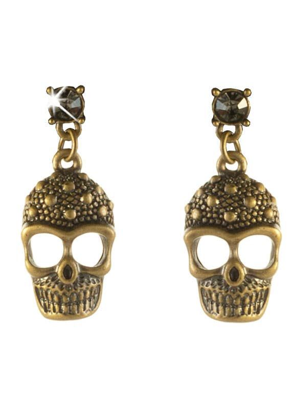 Brass Skull Rhinestones Halloween Earrings - Image 1