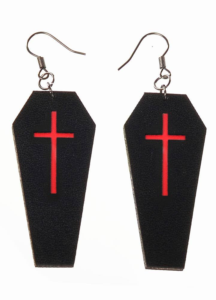 Black Leather Coffins with Red Cross Halloween Earrings - Image 1