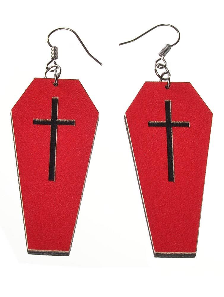 Red Leather Coffins with Black Cross Halloween Earrings - Image 1