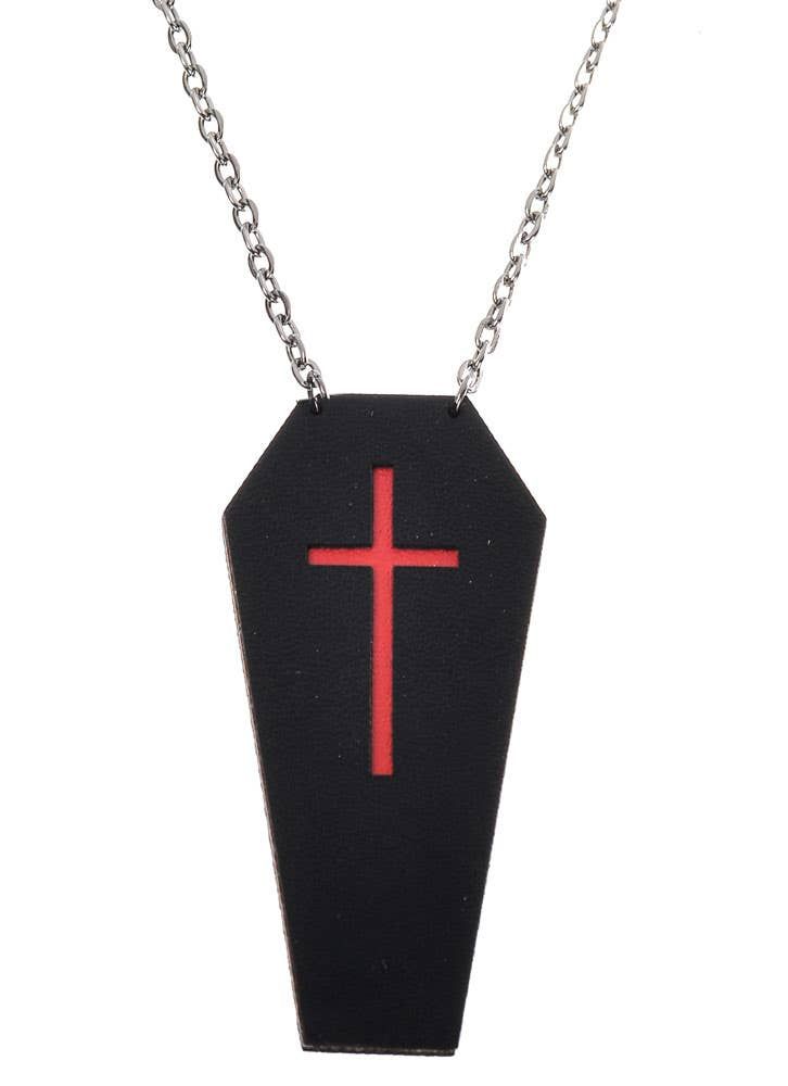 Black Leather Coffin with Red Cross Halloween Necklace - Image 1