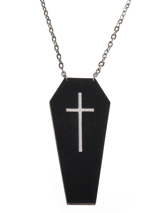 Black Leather Coffin with White Cross Halloween Necklace - Image 1