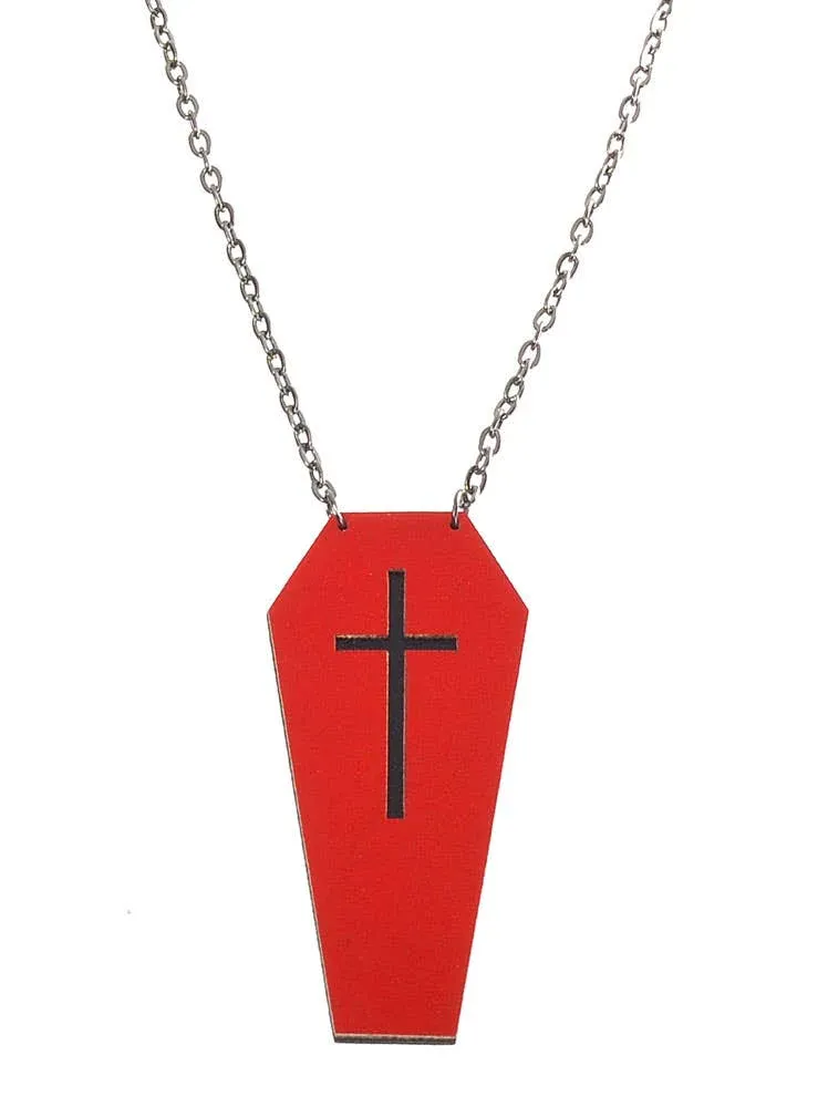 Red Leather Coffin with Black Cross Halloween Necklace - Image 1