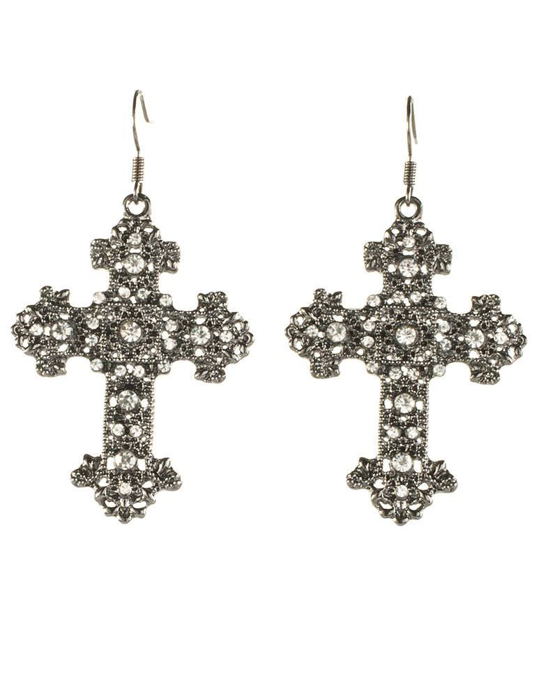 Gun Metal Black Gothic Cross Halloween Earrings - Image 1