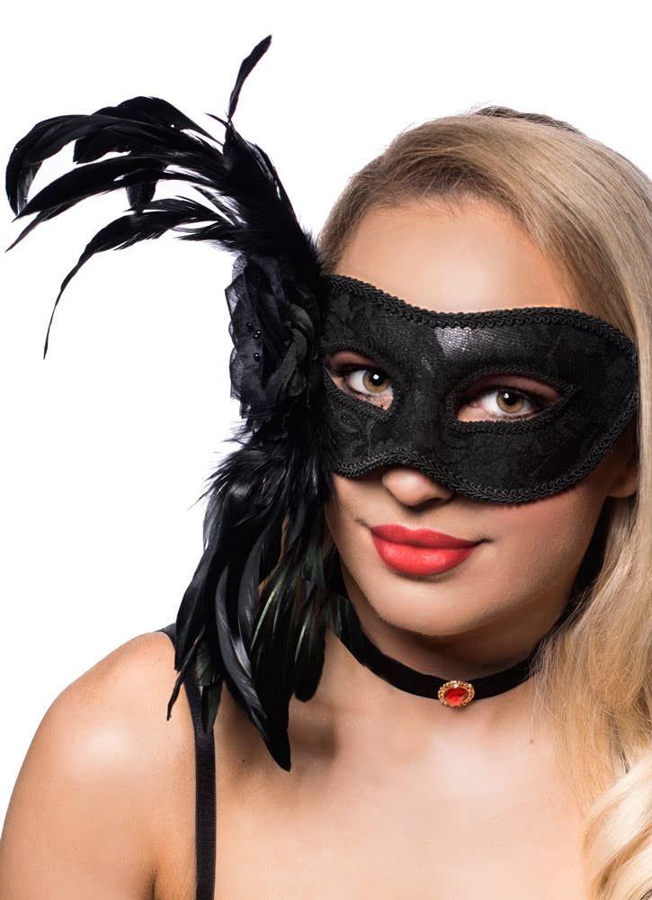 Extravagant Side Feather Black Lace Masquerade Mask - Image 1