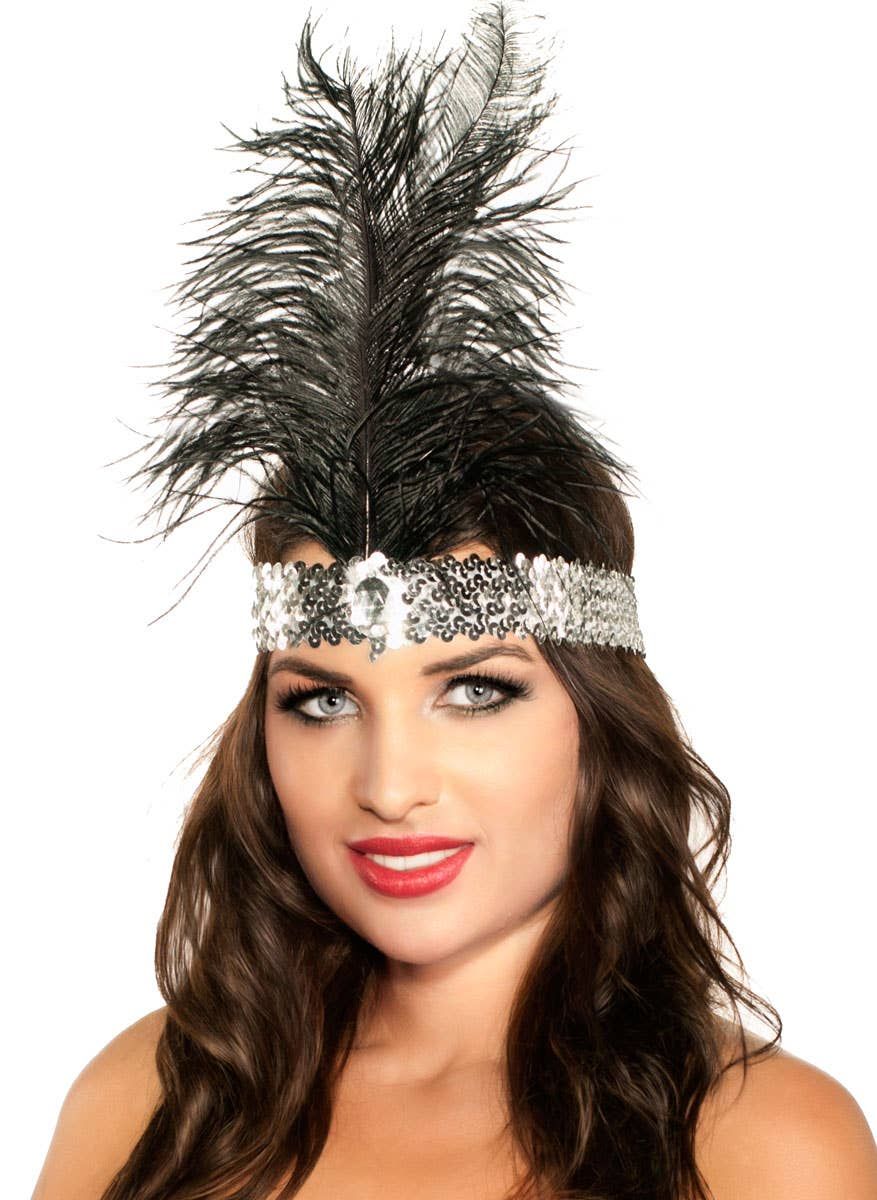 1920s Silver Sequin Flapper Headband with Black Feather - Image 1