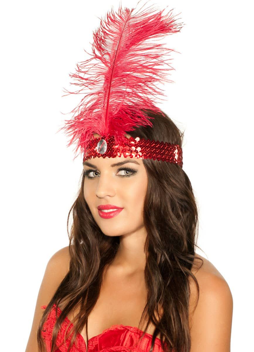 1920s Red Sequin Flapper Headband with Red Feather - Image 1