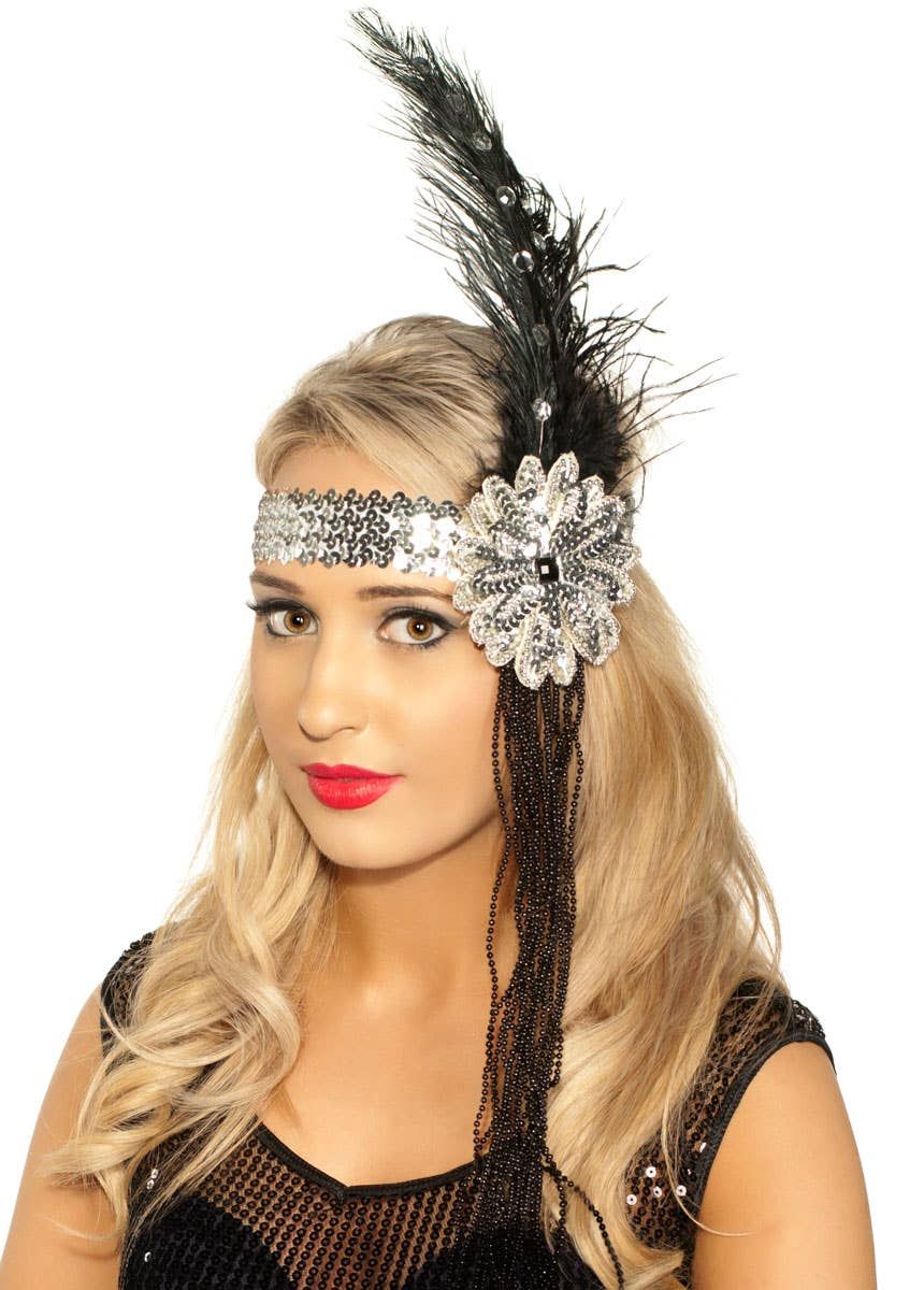 1920s Deluxe Flapper Headband in Black and Silver - Image 1