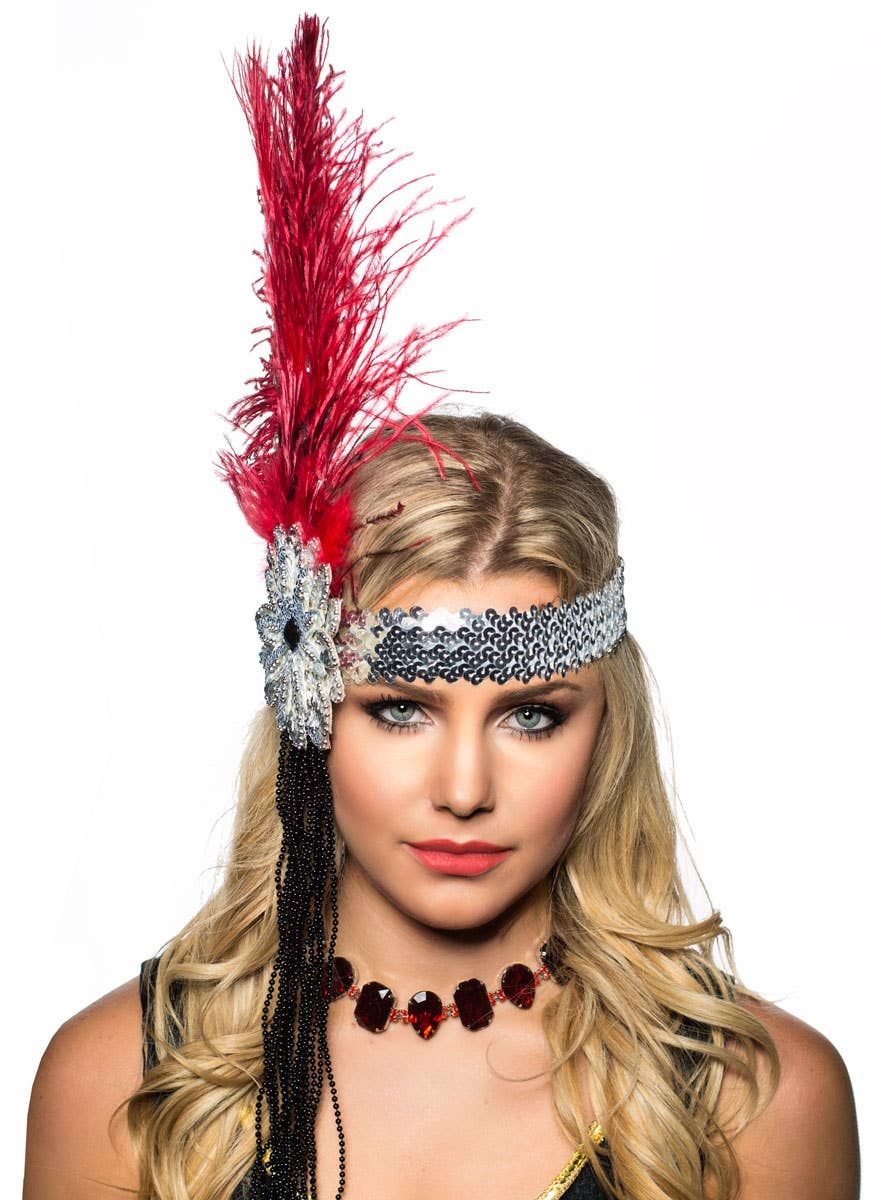 1920s Deluxe Flapper Headband in Red and Silver - Image 1