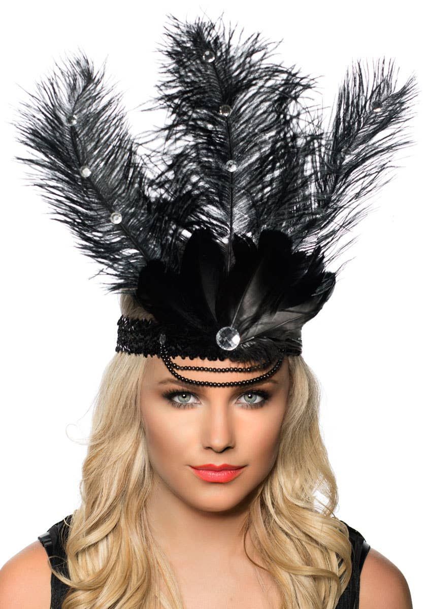 Tall Black Feather Showgirl Headpiece with Black Sequins - Image 1