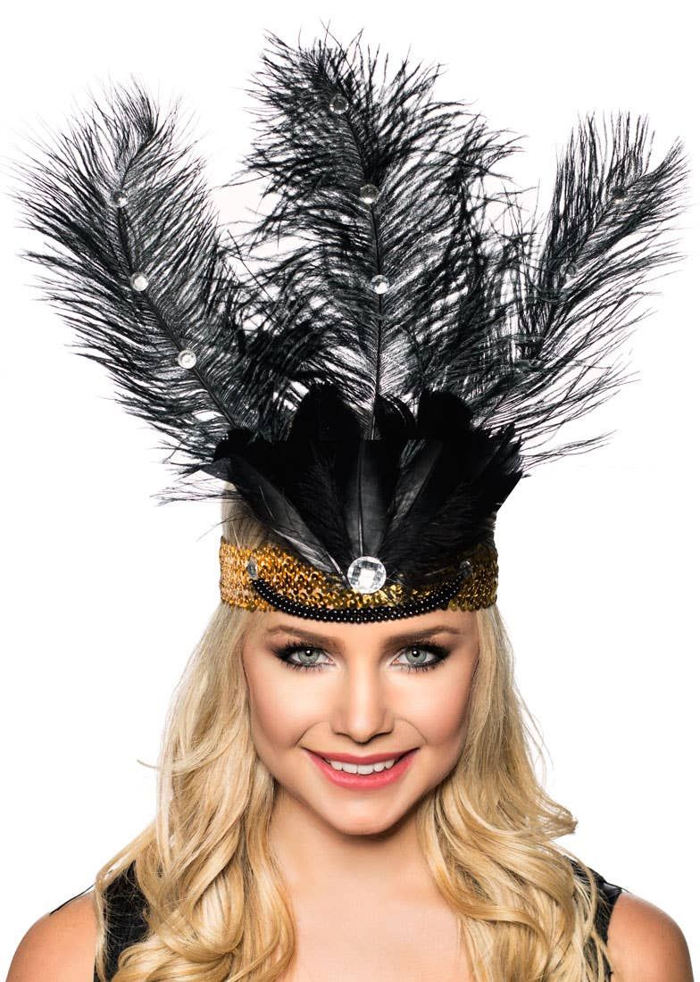 Tall Black Feather Showgirl Headpiece with Gold Sequins - Image 1