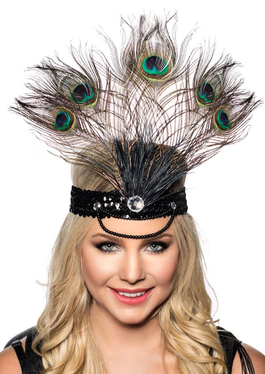 Tall Peacock Feather Showgirl Headpiece - Image 1