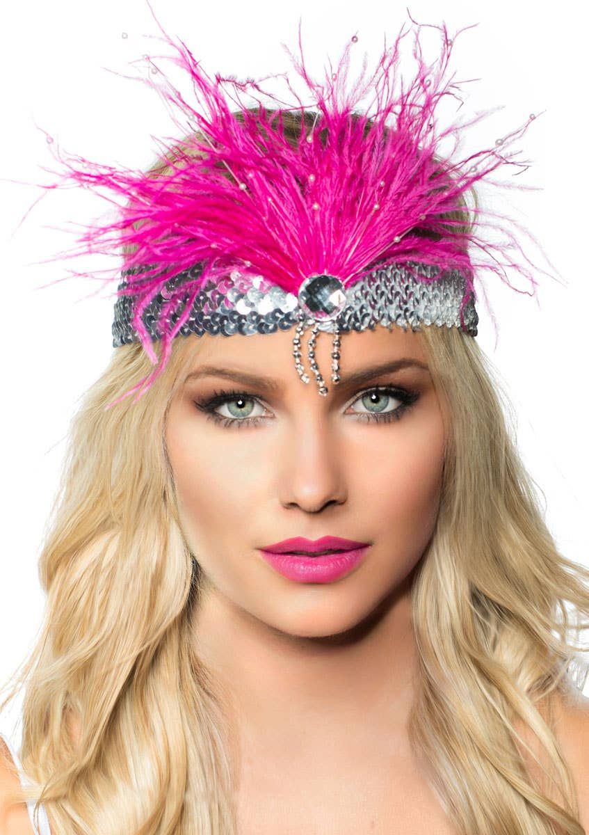 Gatsby Soft Pink Feather Flapper Headband with Silver Sequins - Image 1
