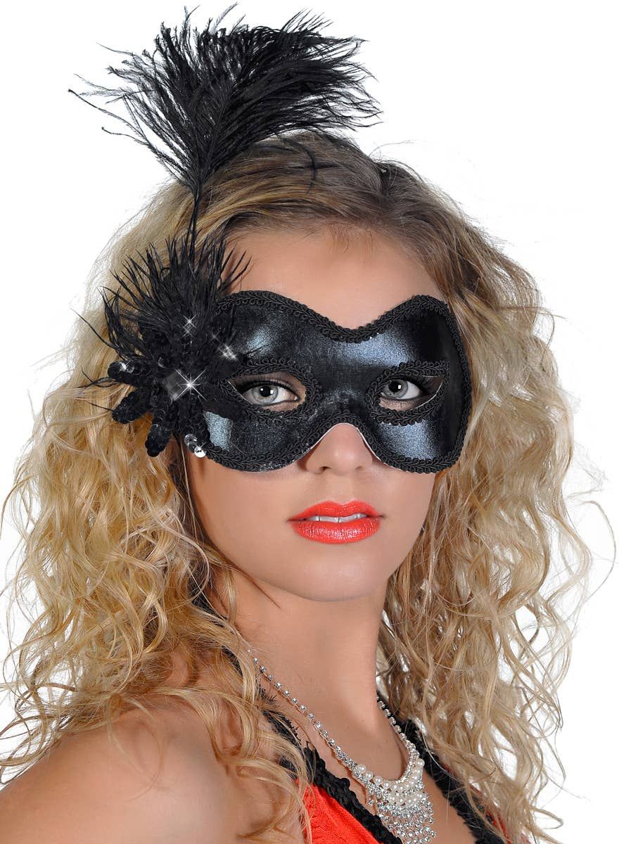 Side Feather Black Vinyl Masquerade Mask - Image 1