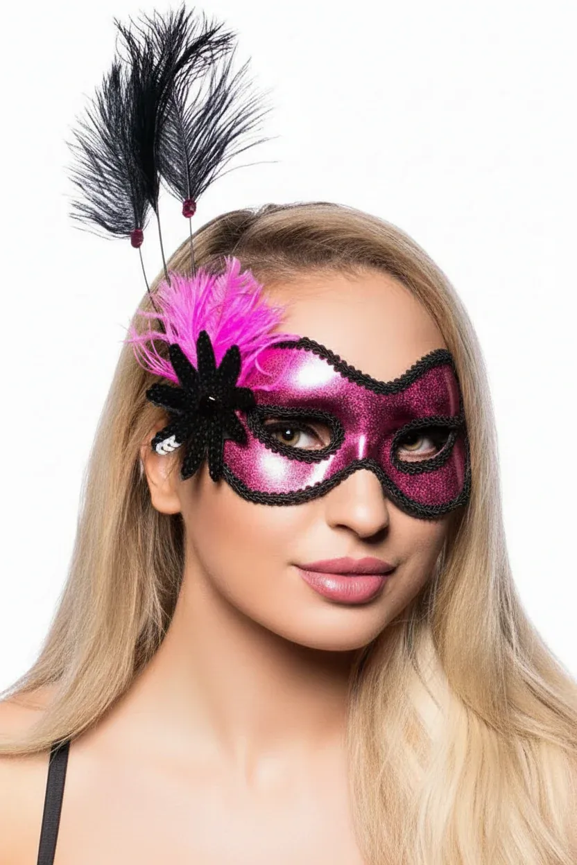 Side Feather Pink Vinyl Masquerade Mask - Image 1