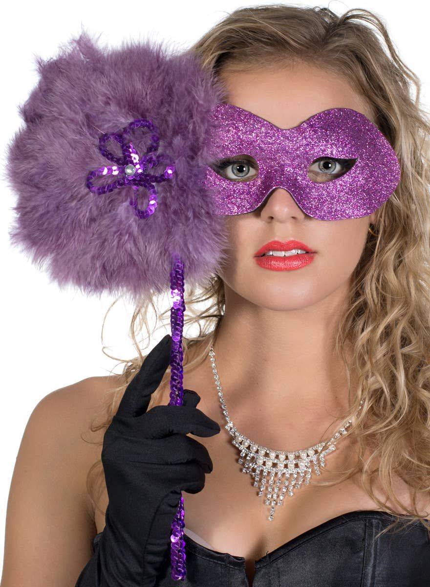 Glitter Swirls Hand Held Masquerade Mask in Purple - Image 1