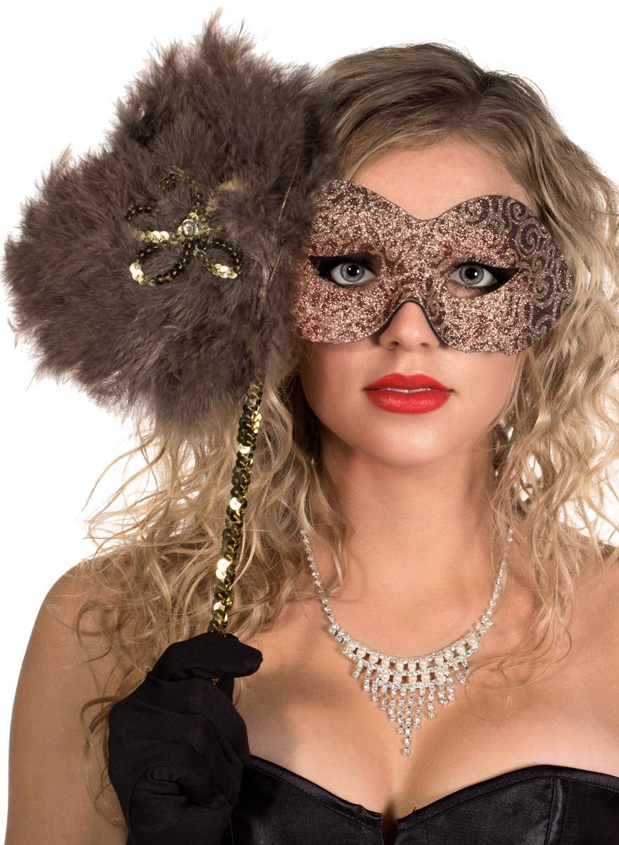Glitter Swirls Coffee and Caramel Hand Held Masquerade Mask - Image 1
