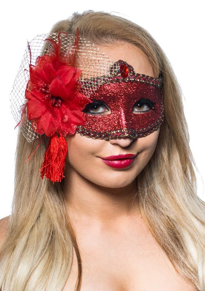 Celebration Red Glitter Masquerade Mask - Image 3