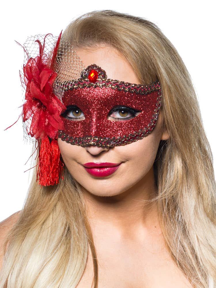 Celebration Red Glitter Masquerade Mask - Image 6