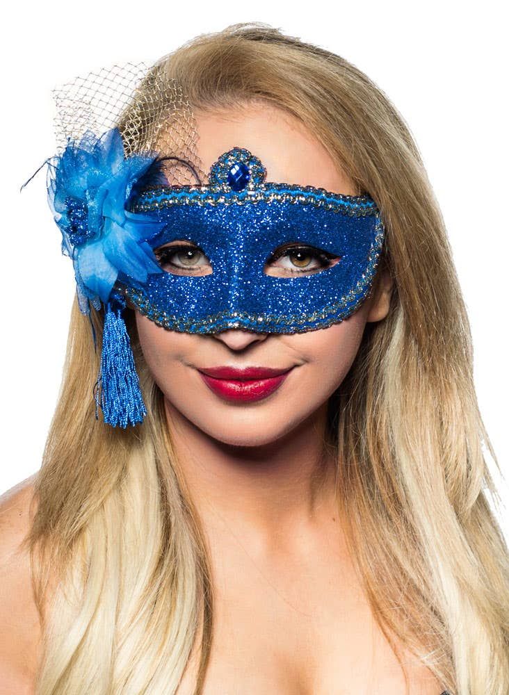 Celebration Blue Glitter Masquerade Mask - Image 1