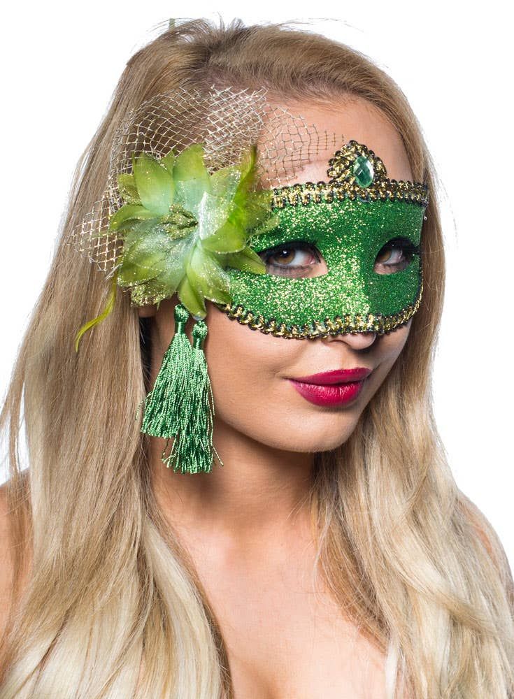 Celebration Green Glitter Masquerade Mask - Image 1