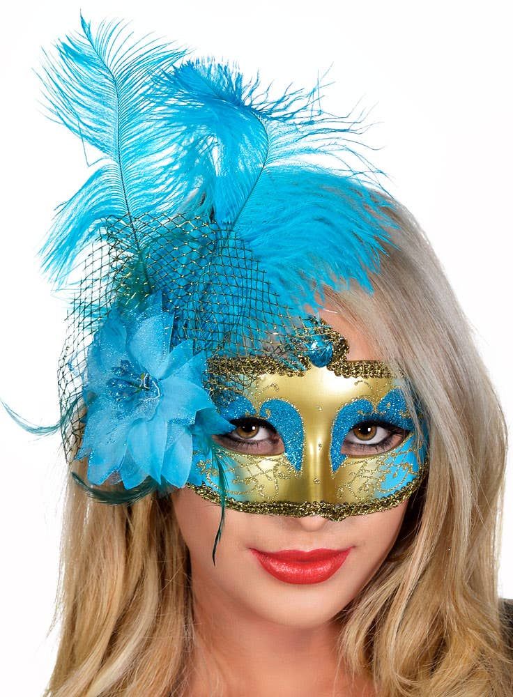 Victorian Aqua and Gold Masquerade Mask - Image 1