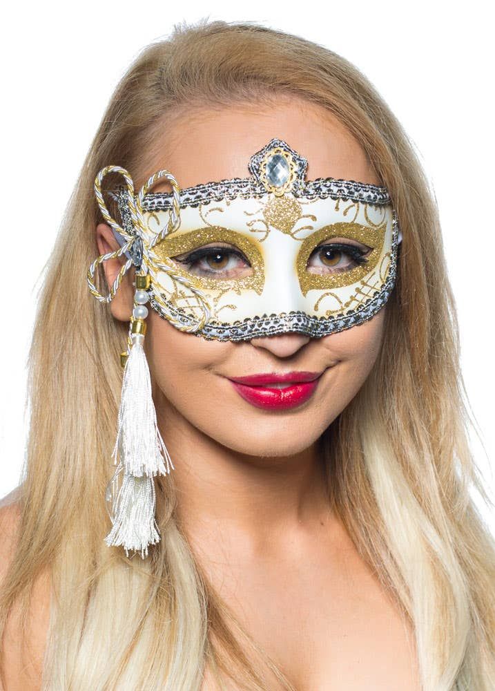 Tassel White and Gold Venetian Masquerade Mask - Image 1