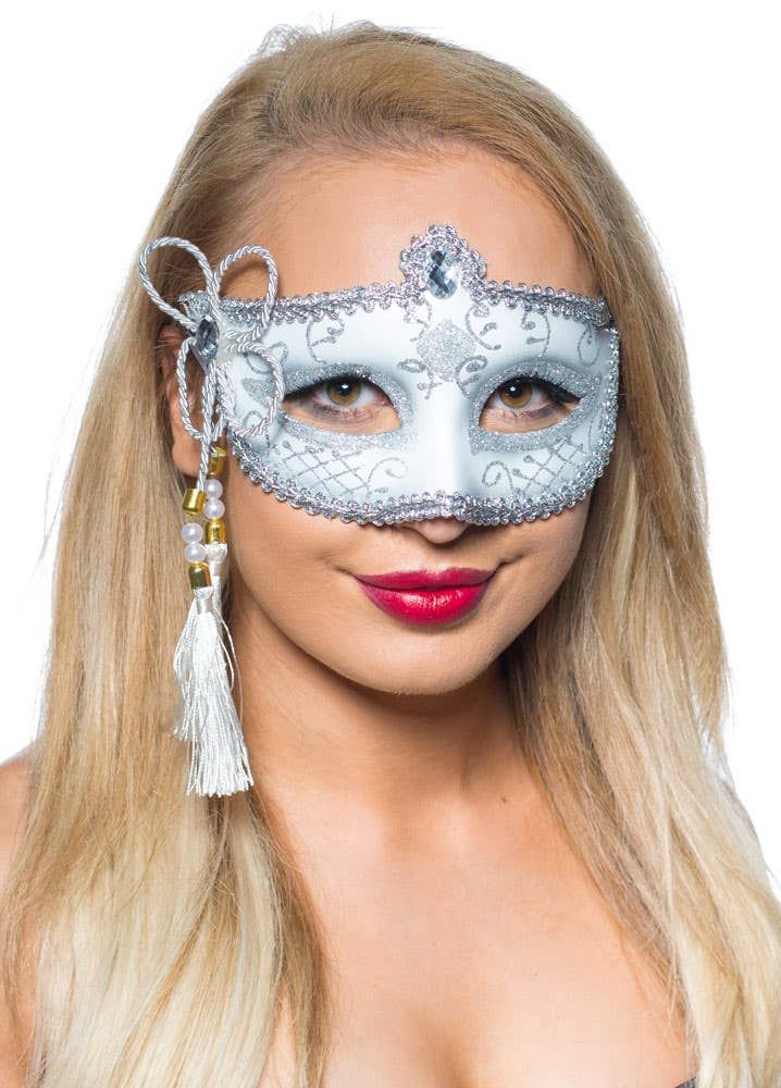 Tassel White and Silver Venetian Masquerade Mask - Image 1