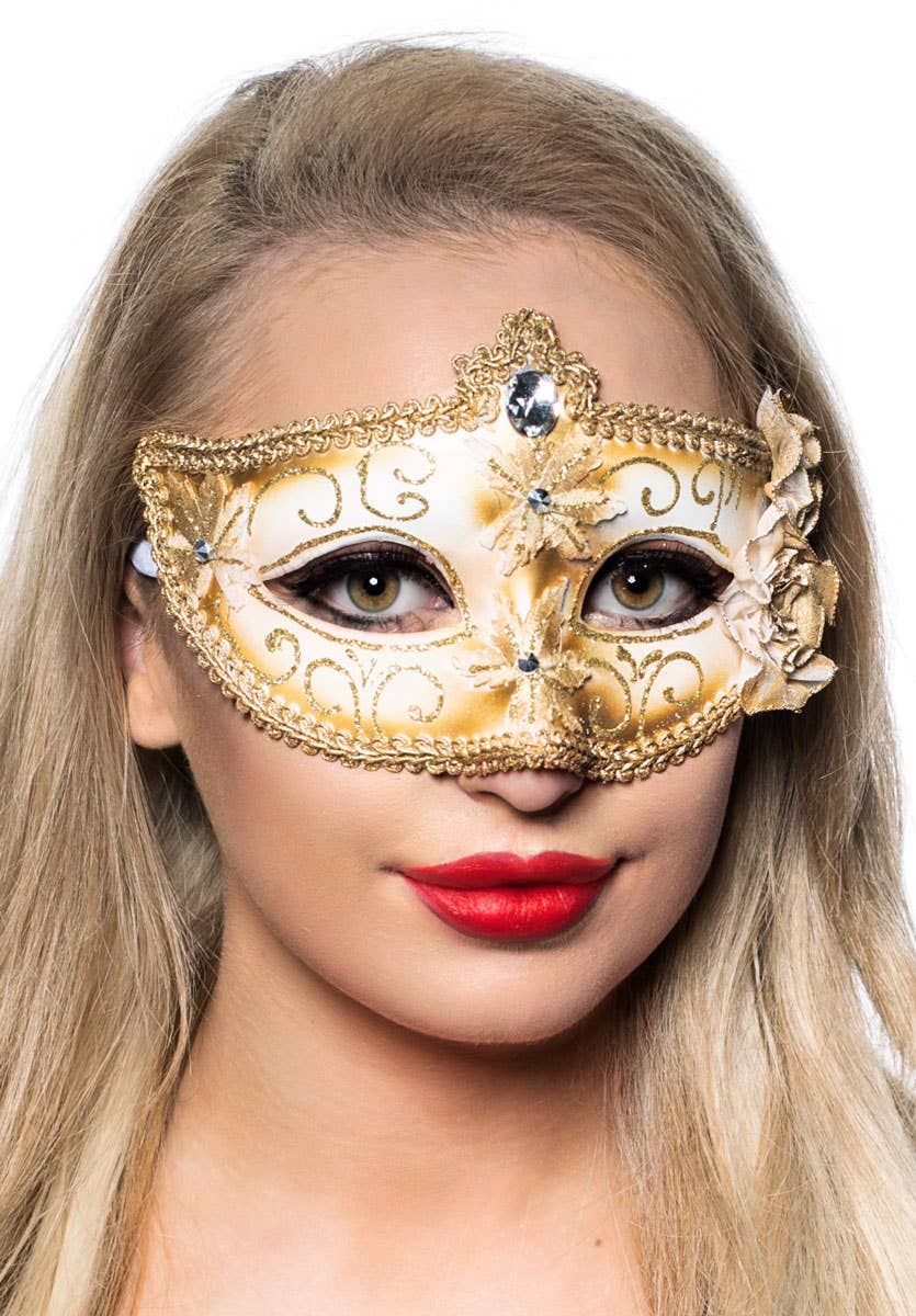 Edwardian White and Gold Adults Masquerade Mask - Image 1
