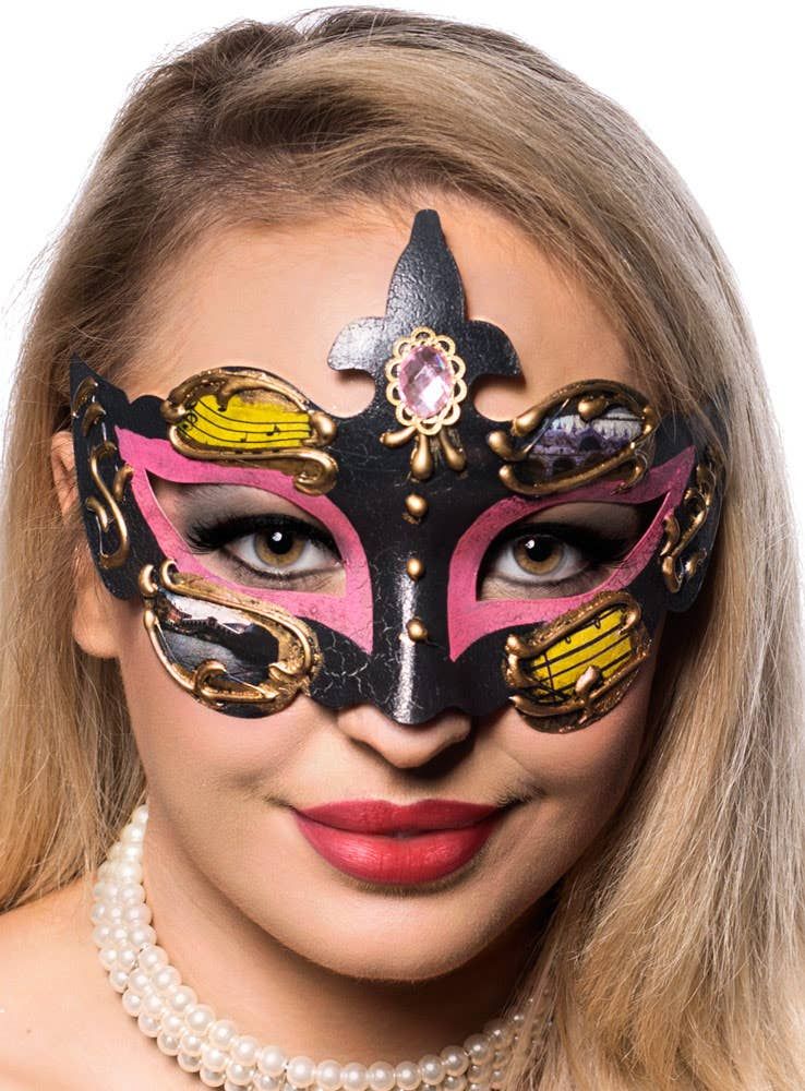 Baroque Pink and Black Masquerade Mask - Image 1