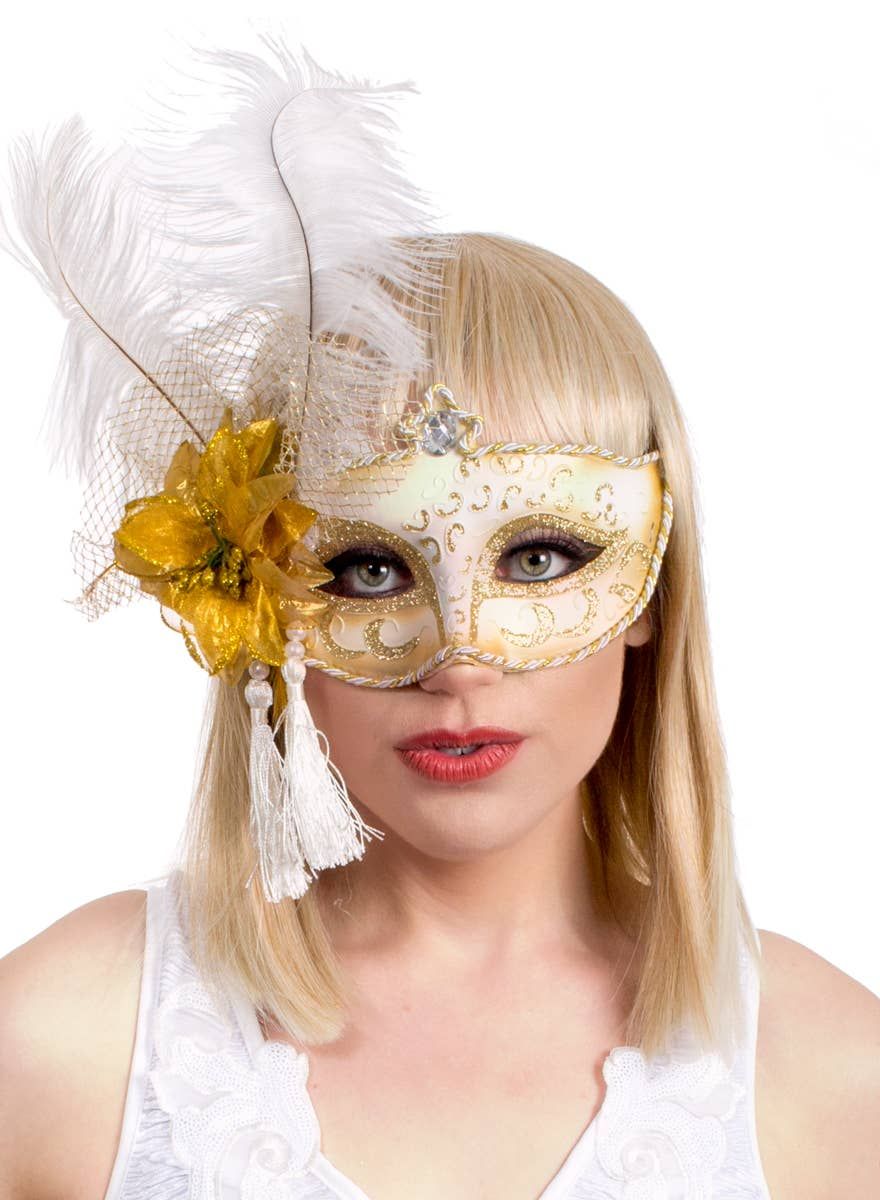 Antoinette White and Gold Masquerade Mask - Image 1