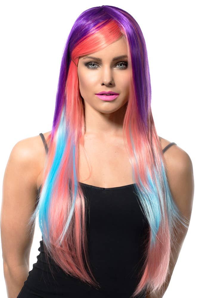 Deluxe Long Purple Pink and Blue Womens Costume Wig - Image 1