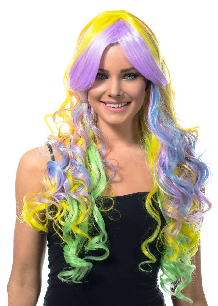 Deluxe Pastel Rainbow Long Curly Womens Costume Wig - Image 1