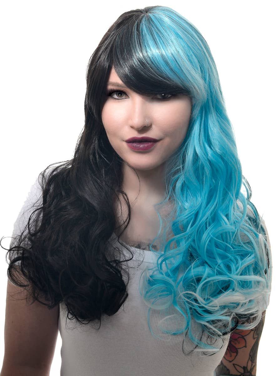 Long Black and Blue Split Colour Womens Costume Wig - Image 1