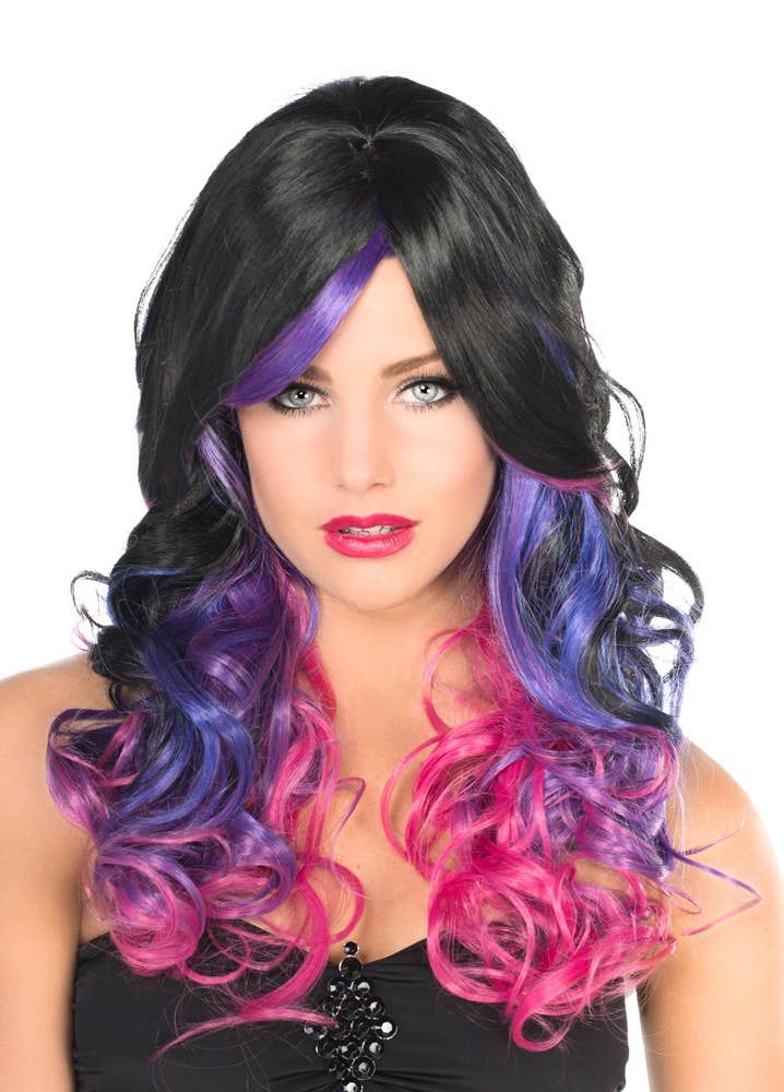 Ada Deluxe Black and Purple Curly Womens Wig - Image 1