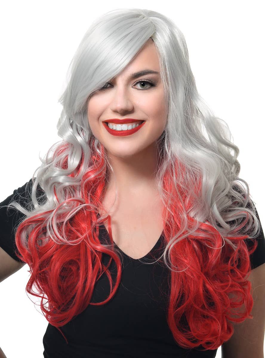 Deluxe Long Curly Grey and Red Womens Costume Wig - Image 1