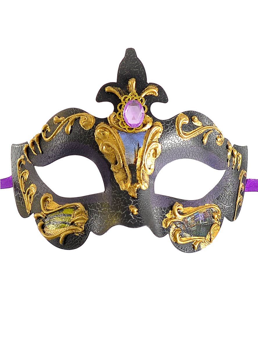 Ornate Black and Purple Crackle Baroque Masquerade Mask - Image 1